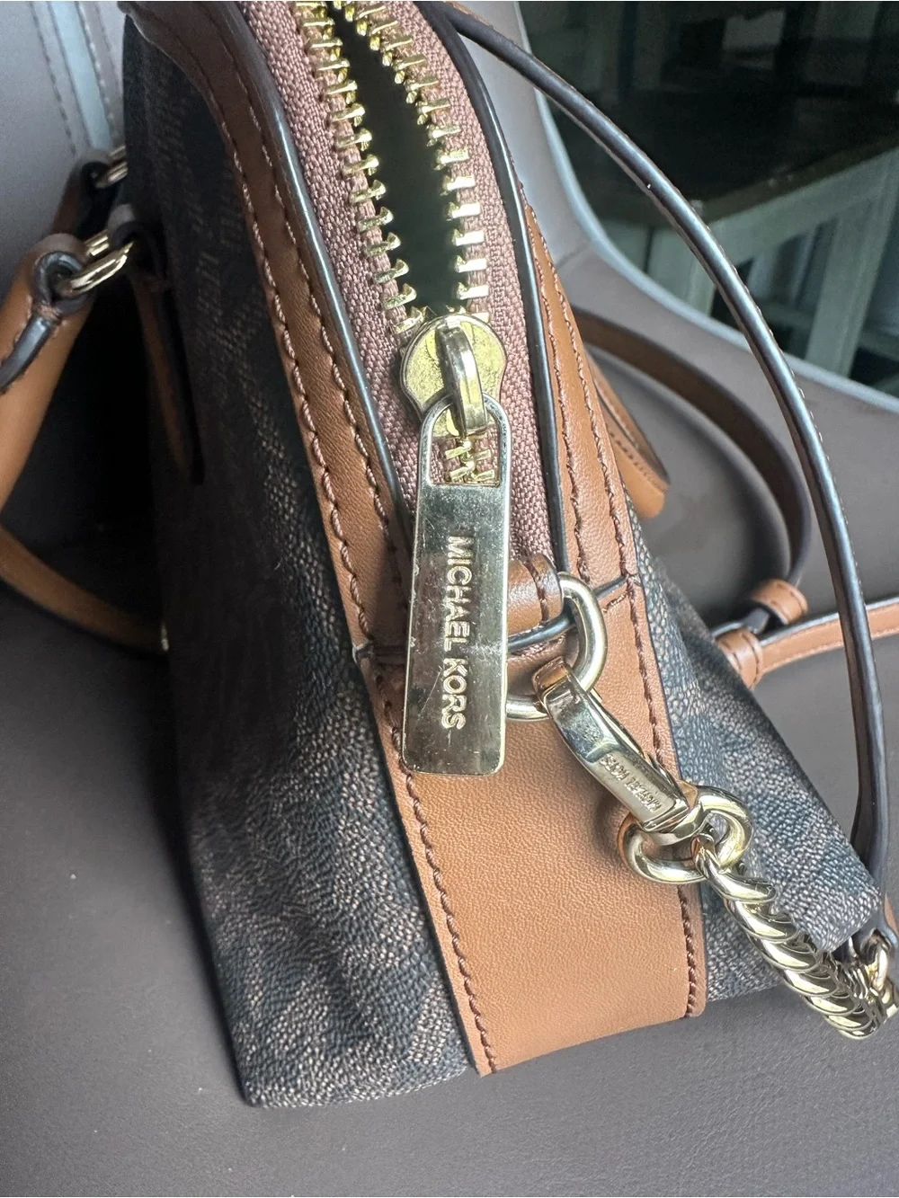 Michael Kors Brown MK Logo Crossbody Satchel with Tan Trim